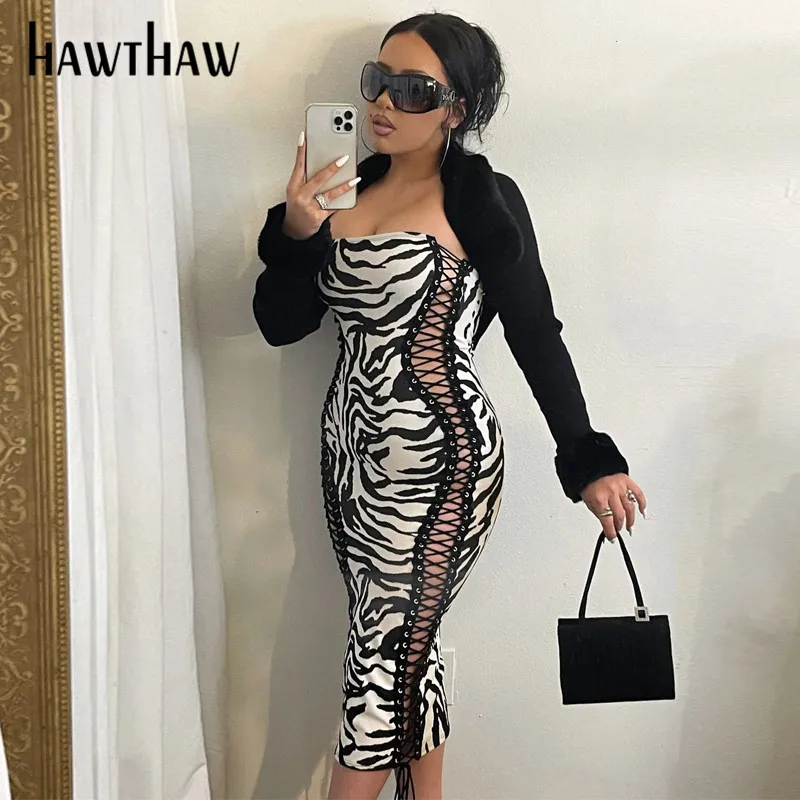 

Hawthaw Women Summer Autumn Strapless Zebra Striped Printed Bodycon Black Tube Midi Dress 2021 Fall Clothes Wholesale Items