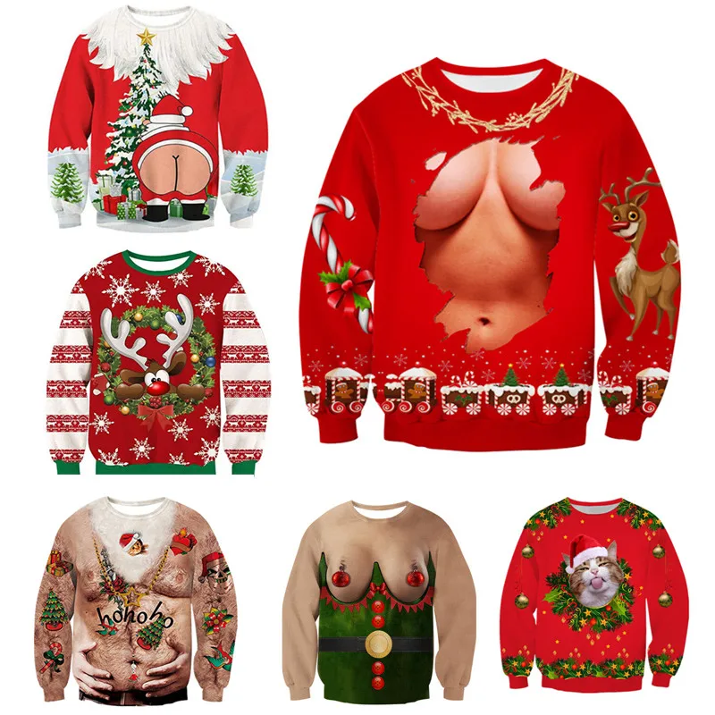 O Neck Christmas Sweater 3d Antler Print Novelty Ugly Unisex Men Women Long Sleeve Pullover Jumpers | Женская одежда