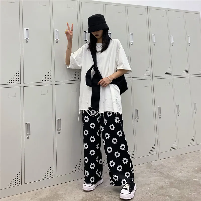 

Женские летние широкие брюки с цветочным принтом, женские свободные брюки с высокой талией в Корейском стиле, мягкие винтажные повседневны...