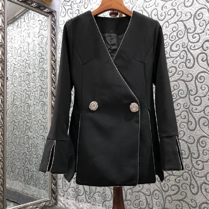 

High Quality New Blazer Coats 2021 Autumn Winter Outerwear Coat Women V-Neck Beading Deco Long Sleeve Black Blazers Female