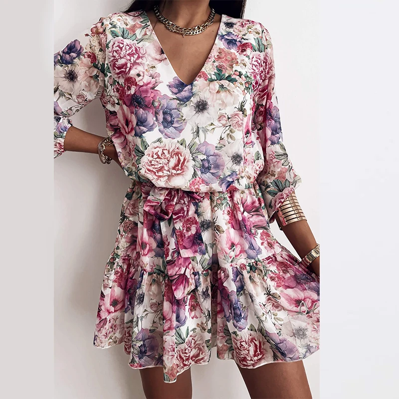 

2021 Fashion Casual A-line Chiffon Knee-length Dress Spring V-neck Print Long Sleeve Dress Women Party Vestidos Summer 2021