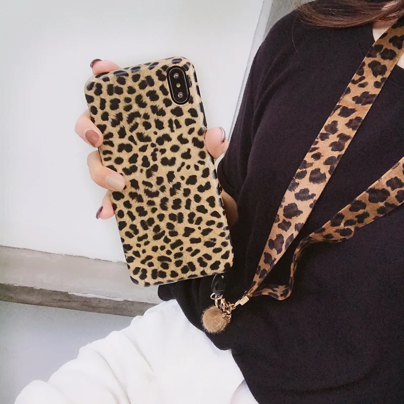 

Luxury Leopard Print Phone Case For iPhone 11 Pro Max XR XS Max X 8 7 6 6S Plus Strap Soft Silicone Lanyard Cover funda coque