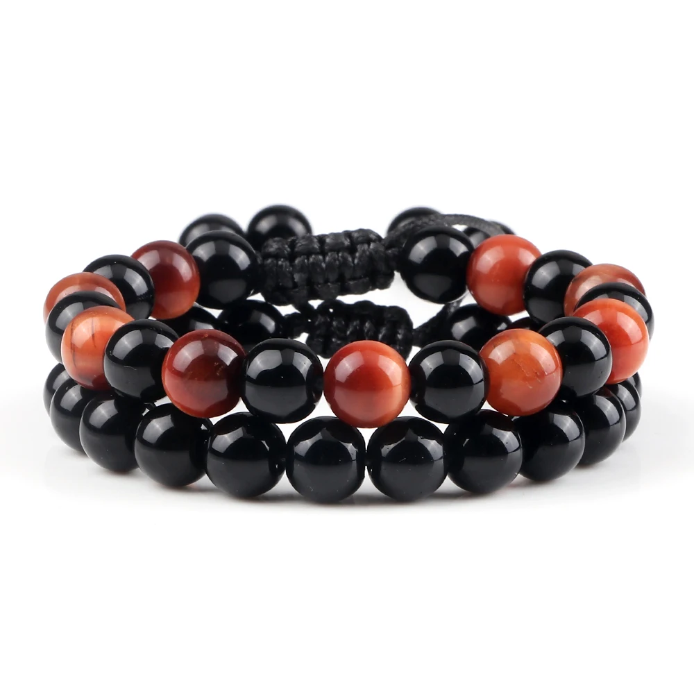 

2pcs/set Men Handmade Braided Red Tiger Eye Stone Beaded Strand Bracelets Black Onyx Bangle Women Meditation Yoga Energy Jewelry