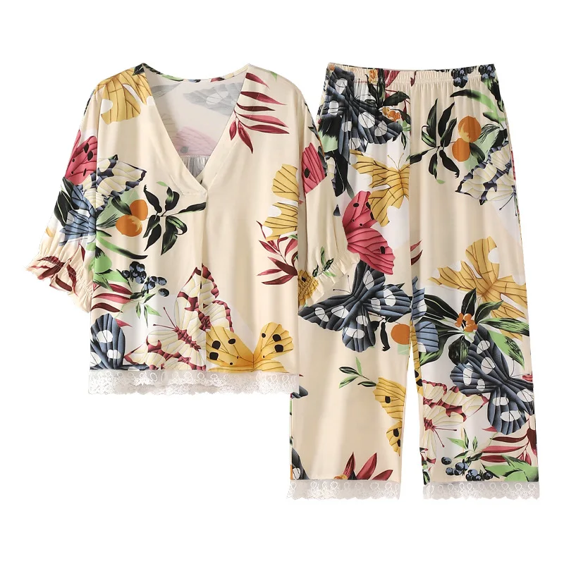 

Summer Women's Pajamas Set Fashion Butterfly Pattern Short Sleeve Shorts Sleepwear Modal Cotton Home Clothes XXXL Size Nightwear