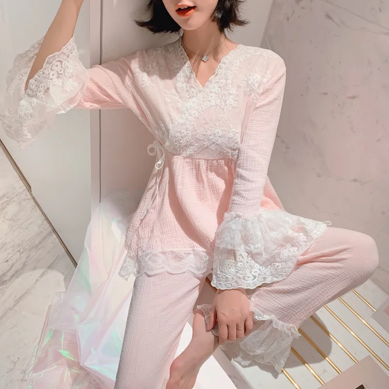 LY весна и осень новая Корейская версия хлопковой марли Женский пижамный комплект