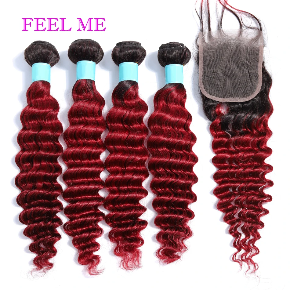 

FEELME 1B/Burgundy Deep Wave Human Hair Bundles With Closure 3/4pcs Ombre Peruvian Hair Bundles With Lace Closure 4x4 Swiss Lace