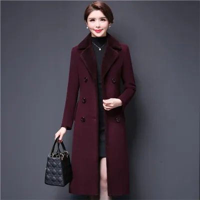 Wine red Большие размеры осеннее Женское шерстяное пальто зимнее шерстяное пальто женское длинное пальто кашемир однотонного цвета пальто Толстая шерстяная куртка - Цвет: Wine red