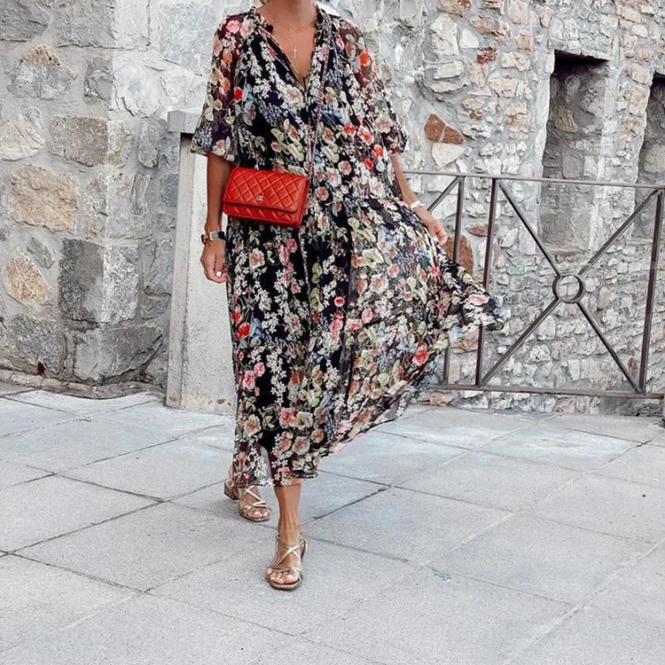 

Women's spring and summer 2021 new floral V-neck translucent long dress dresses for women party