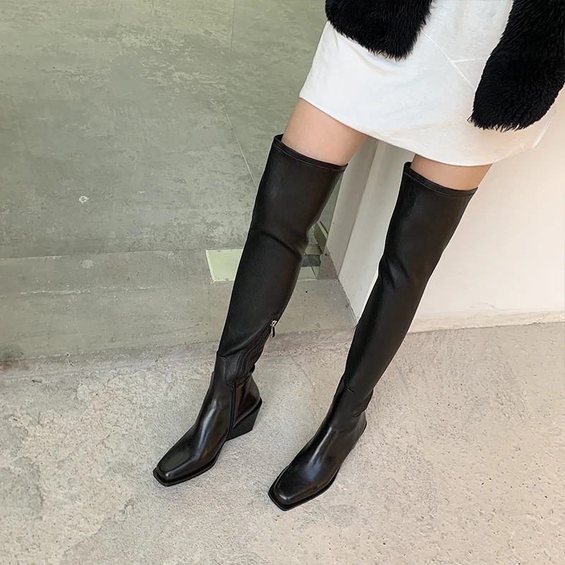 balck Siila rulers runway black pointed toe thigh high boots woman Knight boots over the knee boots flat winter long boots woman - Цвет: balck