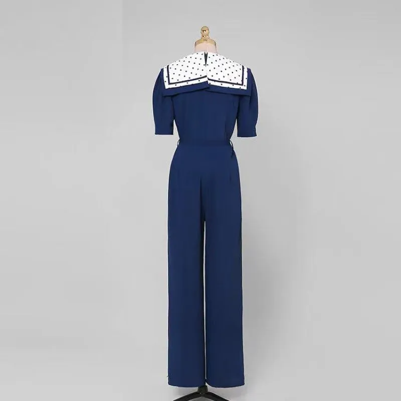 

IVY HE Female Jumpsuit Women Summer 2021 Fashion New Simple Elegant Wave Point Double Collar One Piece Wide Leg Pants Jumpsuits