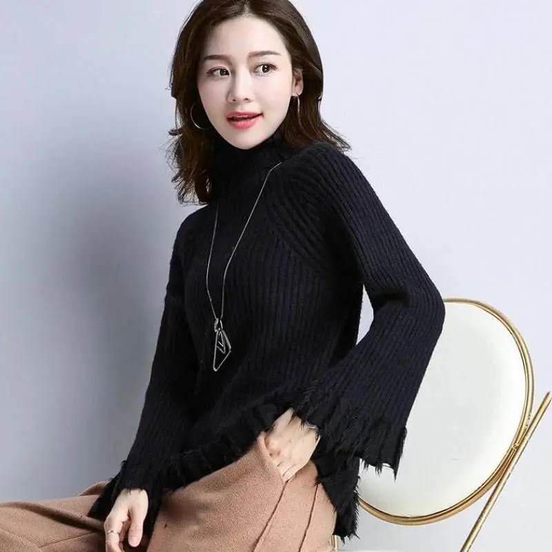 

New Korean fashion warm and sweet top Slouchy loose thick high collar stitching tassel knitted sweater winter clothes women 2020