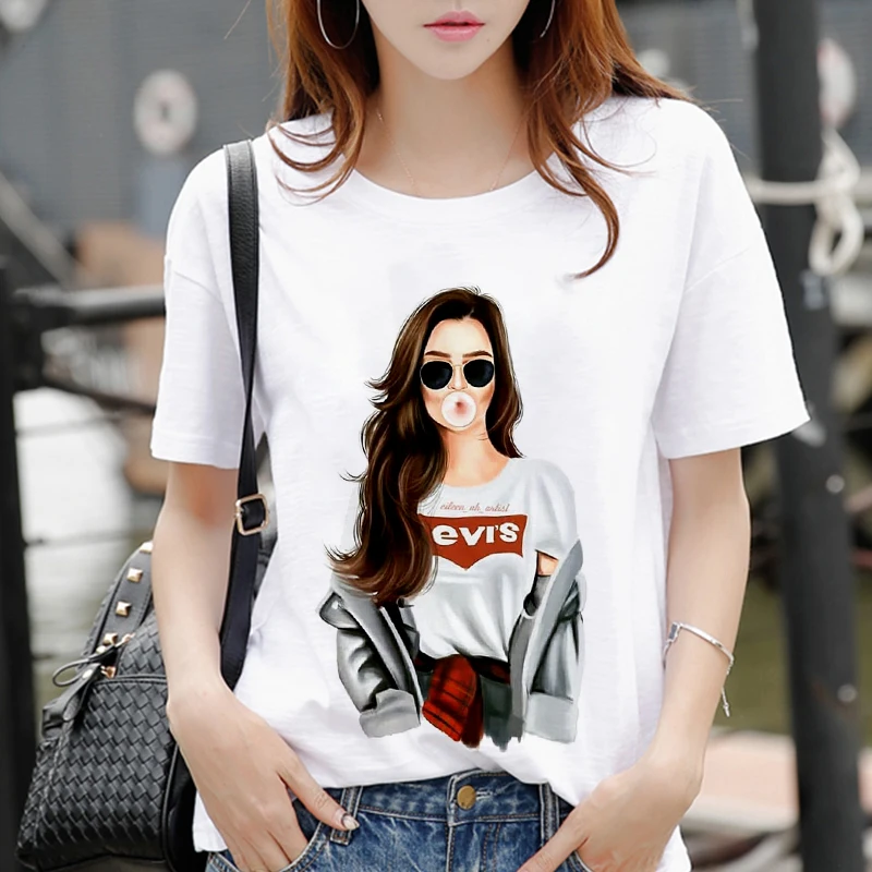 

New Women's White T-shirt Harajuku Beauty Blowing Bubbles Printed Tees Vogue Pretty Girl Clothing Leisure Female T-shirt Tops