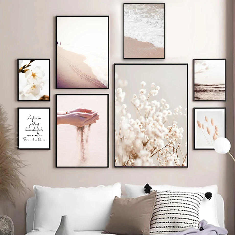 

Скандинавские плакаты и принты, пляжные цветы, хлопковая трава, искусственная пшеница, картины на холсте, картины для гостиной, домашний дек...