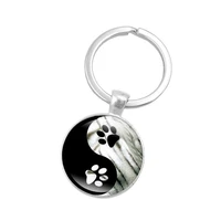wg 1pc yin yang tai chi cabochon time gemstone keychain puppy footprints glass pendant keychain for felame jewelry gift