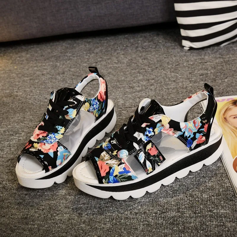 

Women Platform Sandals 2020 Summer Open Toe Wedge Thick Bottom Casual Shoes Woman Lace Up Breathable Mesh Sandals Big Size 35-39