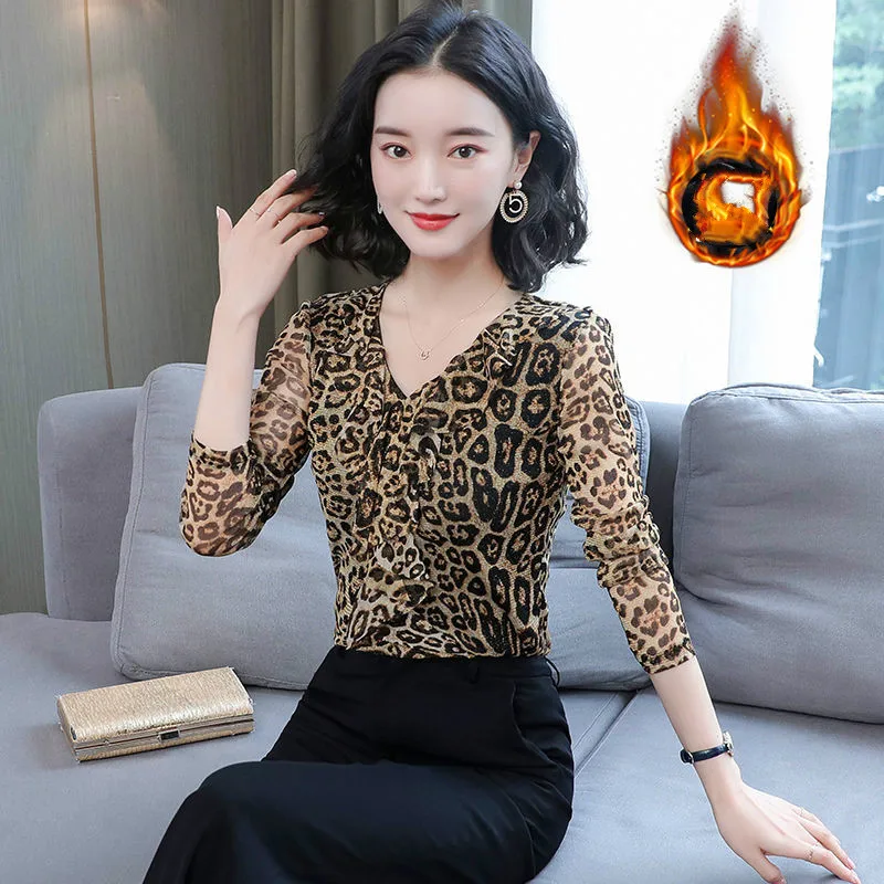 

2021 Autumn Winter Women Long Sleeve Leopard Print Top Ladies V-neck Loose Shirt Casual Loose top Plus Size 4XL Y122