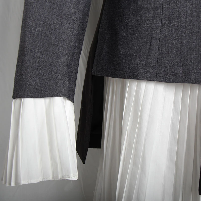 

[EAM] 2021 New Autumn Summer Lapel Long Sleeve Gray Hit Color Pleated Irregular Split Joint Jacket Women Coat Fashion Tide YC9