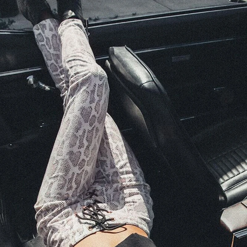 

OMSJ 2019 Fashion Lace Up High Waist Pants Women Snake Print Pencil Pants Trouser Ladies Legging High Waist Autumn Sporting Slim