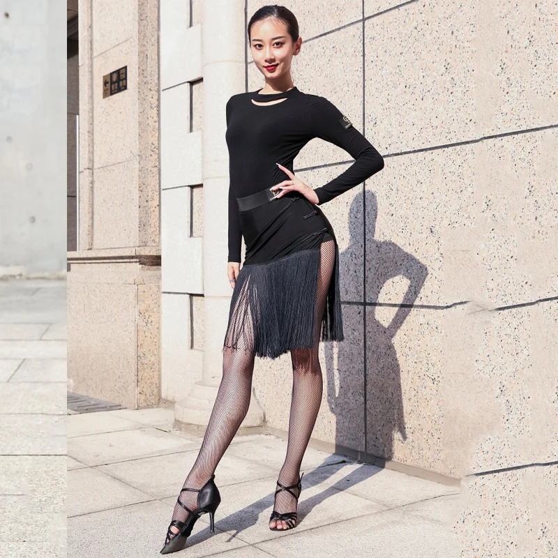 New Latin Dance Leopard Skirt Women Black Fringe Skirt Competition Tassel Costume Cha Cha Rumba Samba Dance Dress Latin BL2884