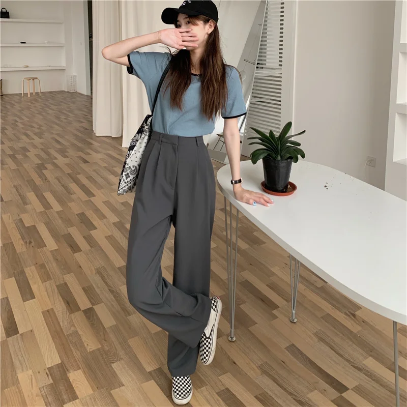 

HziriP New Solid Prom 2021 Chic High Street Femme Hot Casual Elegance All Match Pants Plus Size Loose OL Straight Trousers