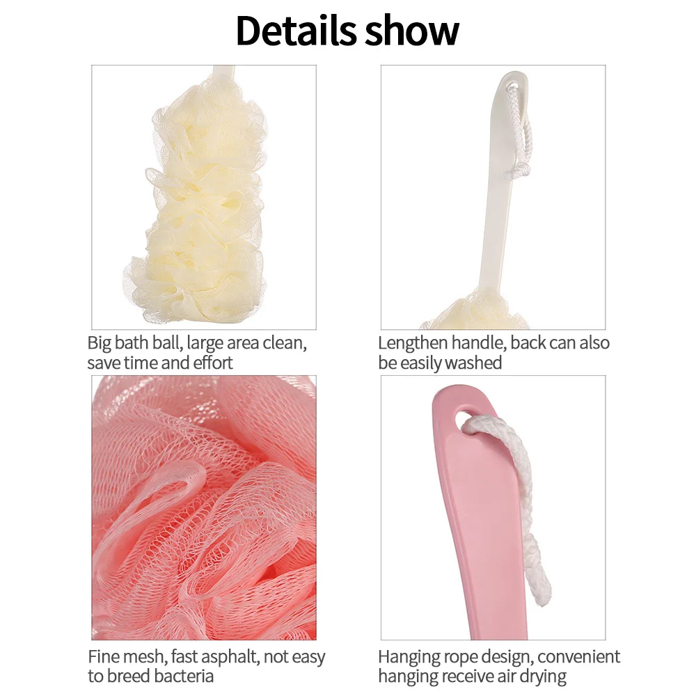 

3pcs Fashion New Long Handle Hanging Soft Mesh Back Body Bath Shower Scrubber Brush Sponge For Bathroom Hot Sale Shower Brush
