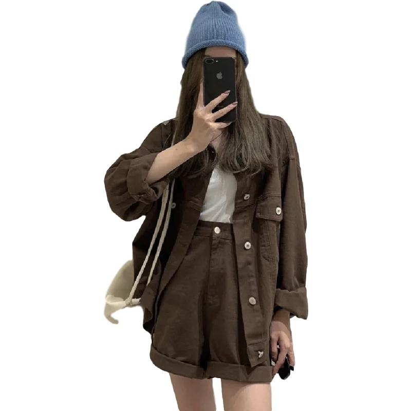

New Oversize Girls Summer Blouse Women Suit long Sleeves Coat Tops High Waist Wide Leg Trousers Two Piece Shorts Suits