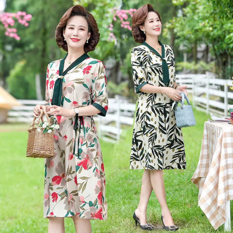 

Платье женское шифоновое среднего возраста, элегантное Плиссированное с V-образным вырезом и коротким рукавом, на шнуровке, на лето