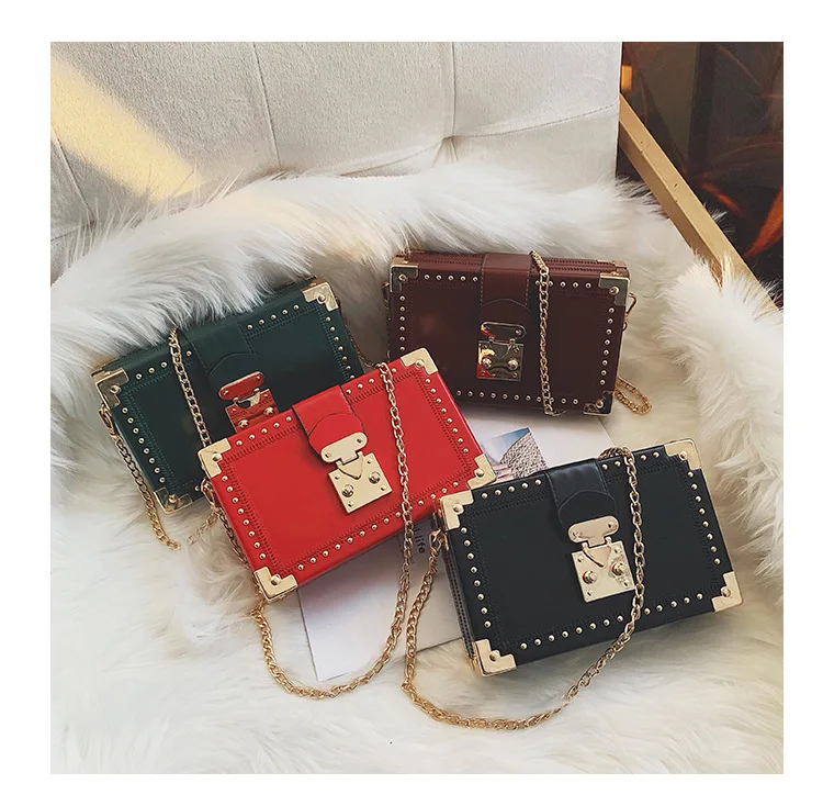 Fashion Vintage Rivet Designer Bag Box Style Buckle PU Women Clutch Bag Chain Purse Shoulder Bag Crossbody Small Flap Handbag