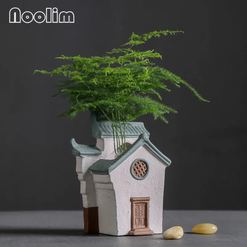 В форме дома зеленая ваза для растений керамический ретро цветочный горшок