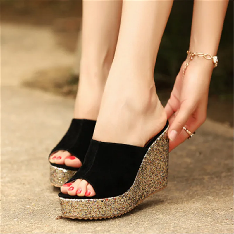 

New Summer Slippers Women Sexy 10CM high heel wedge platform fish mouth thick bottom platform shoes nightclub shoes Black Rose