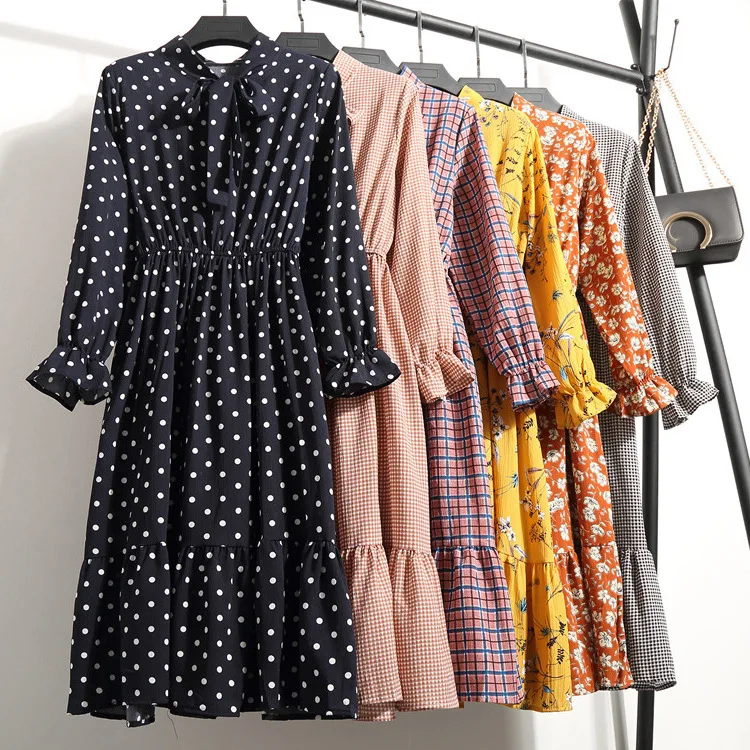 

Women Casual Dress Lady Korean Style Vintage Floral Printed Chiffon Shirt Dress Long Sleeve Bow Midi Summer Dress Vestido