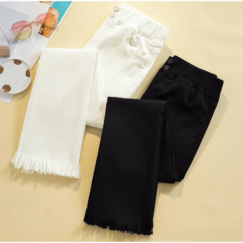 Plus Size Elastic Waist White Capris Jeans Mom 4XL Summer High Fringe Tassel Ankle Length Slim Fit Stretch Denim Pants | Женская одежда