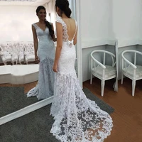 2021 latest hot sale white lace mermaid bridal wedding gowns cap sleeves plunge v neckline wedding dresses for bride backless