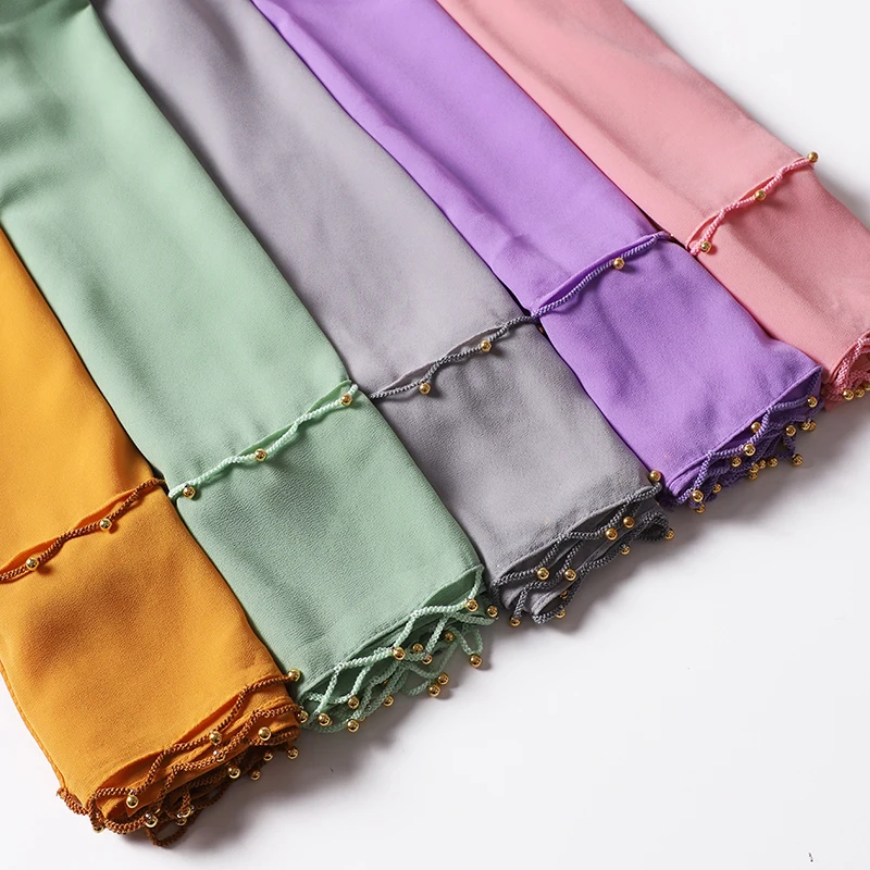 10pcs/lot Women Pearls Gold Beaded Hanger Shawls Solid Wraps Tassel Lady Bandana Female Hijab Winter Long Foulard Head Scarves