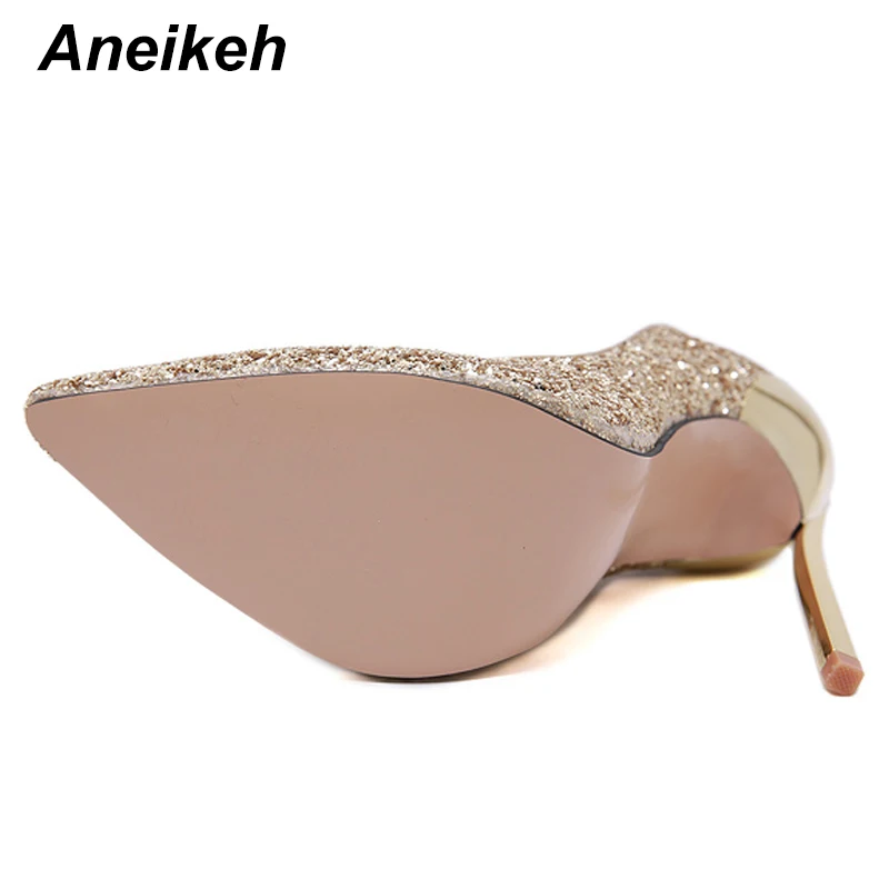 Aneikeh/; шикарные пикантные женские туфли-лодочки; женская обувь на тонком высоком каблуке; вечерние свадебные туфли без застежки с острым носком; Цвет серебристый, золотистый; Размеры 35-42