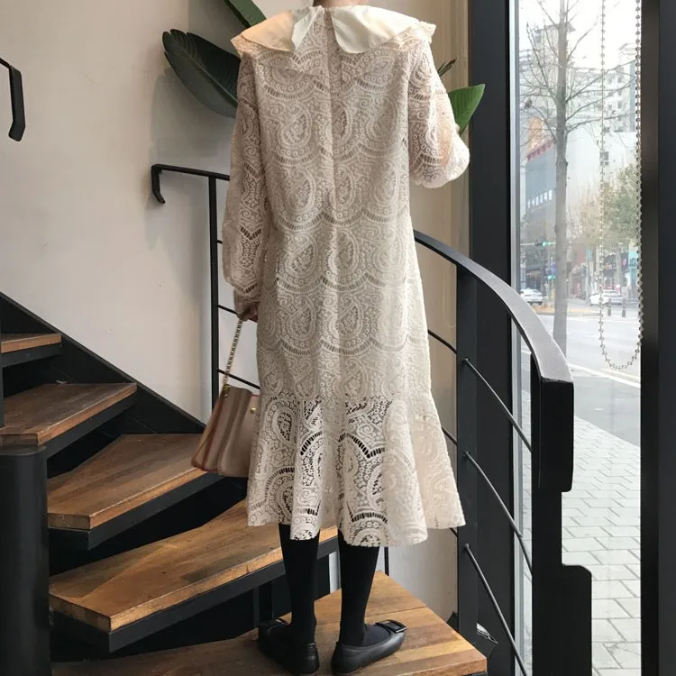 

Korean Ins Sweet Western Style Youthful-Looking Double-Layer Ruffled Collar Elegant Crocheted Lace Dress Women's Midi Dress