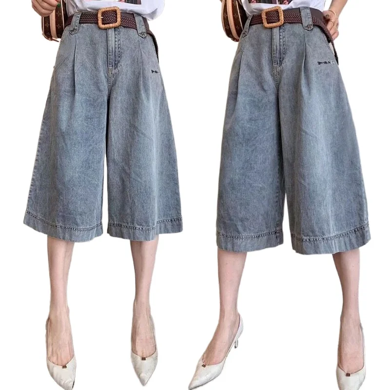 

Джинсы с высокой талией, новинка 2021, летние свободные прямые тонкие укороченные шорты в Корейском стиле, джинсы с широкими штанинами, женские джинсы