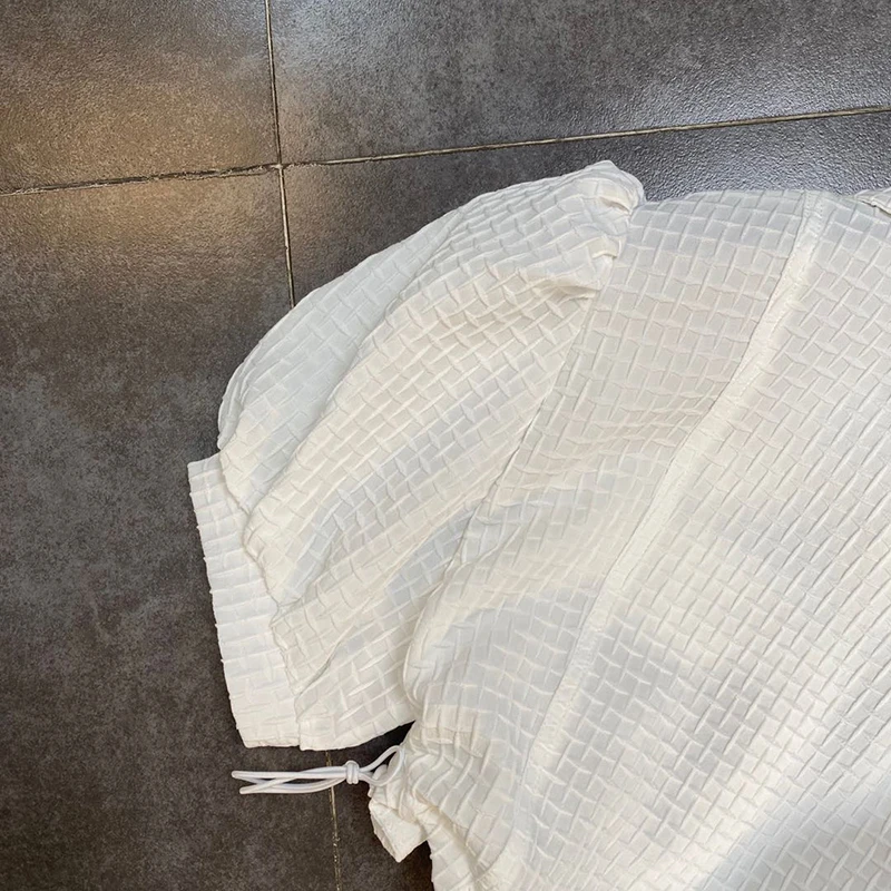 

SISPELL Puff Short Sleeve Blouse Shirt For Female Lapel Collar Patchwork Strap Pure Color Cropped Women's Casual Shirt 2021