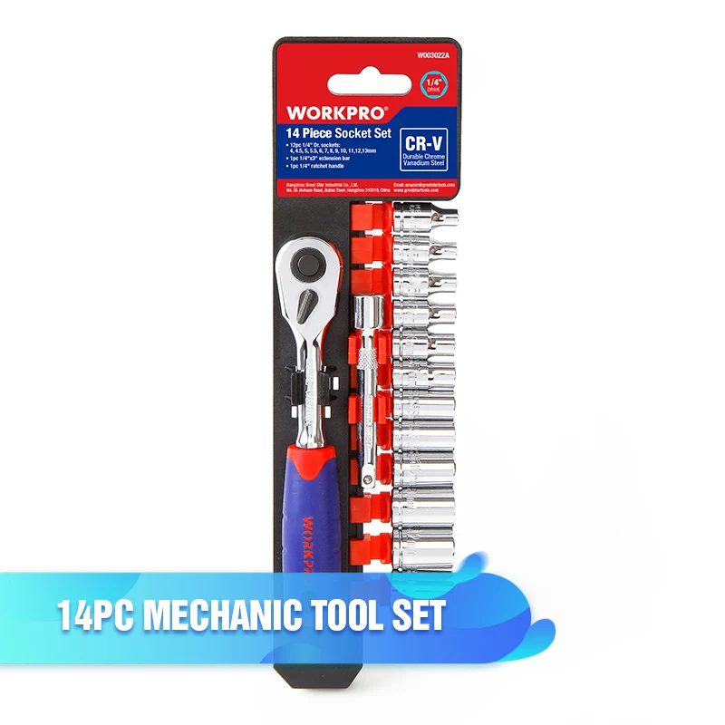 

WORKPRO 14PC 1/4'' Socket Wrench CR-V Drive Ratchet Wrench Spanner for Bicycle Motorcycle Car Repairing Tool Socket Set