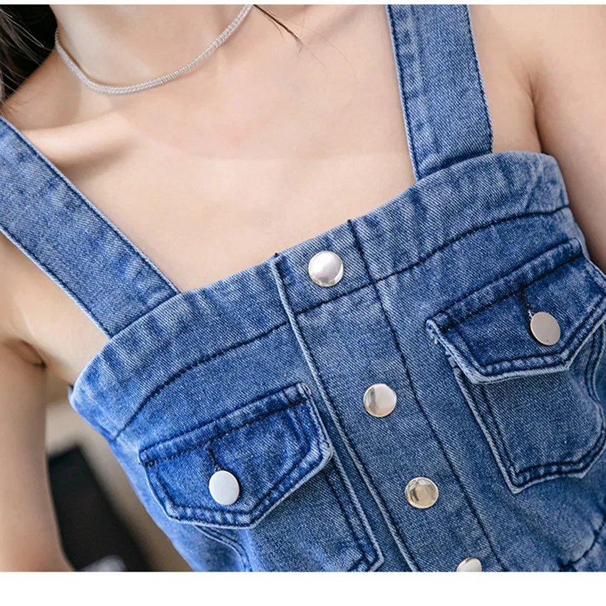 

Korean Fashion Spaghetti Strap Dress Women Sleeveless Mini Denim Sundress Summer Plus Size Jeans Vestidos