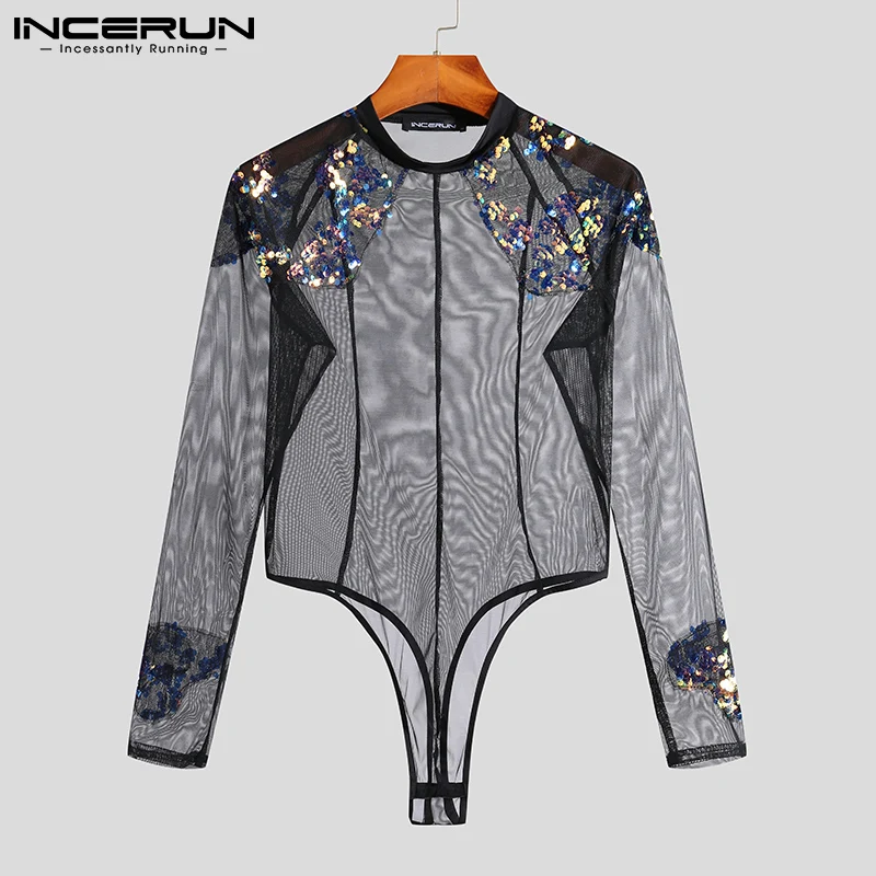 

INCERUN Men Bodysuits Homewear O-neck Long Sleeve Sequins Sexy Mesh See Through Underwear Bodysuit Men 2022 Skinny Rompers S-5XL