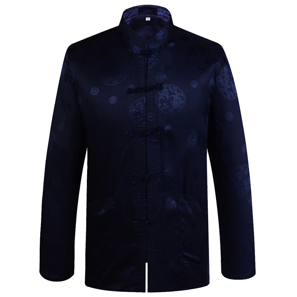 C navyblue Кофе китайский традиционный для мужчин воротник Мандарин полный Дракон Тан костюм одежда с длинным рукавом Кунг Фу рубашка BlouseYZT1206 - Цвет: C navyblue