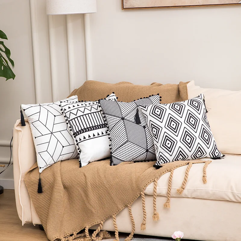 

Rectangle Removable Throw Pillow Case 45X45cm Decorative Boho Square Sofa Cushion Cover with Fringe Geometric Patterns Car Pouf