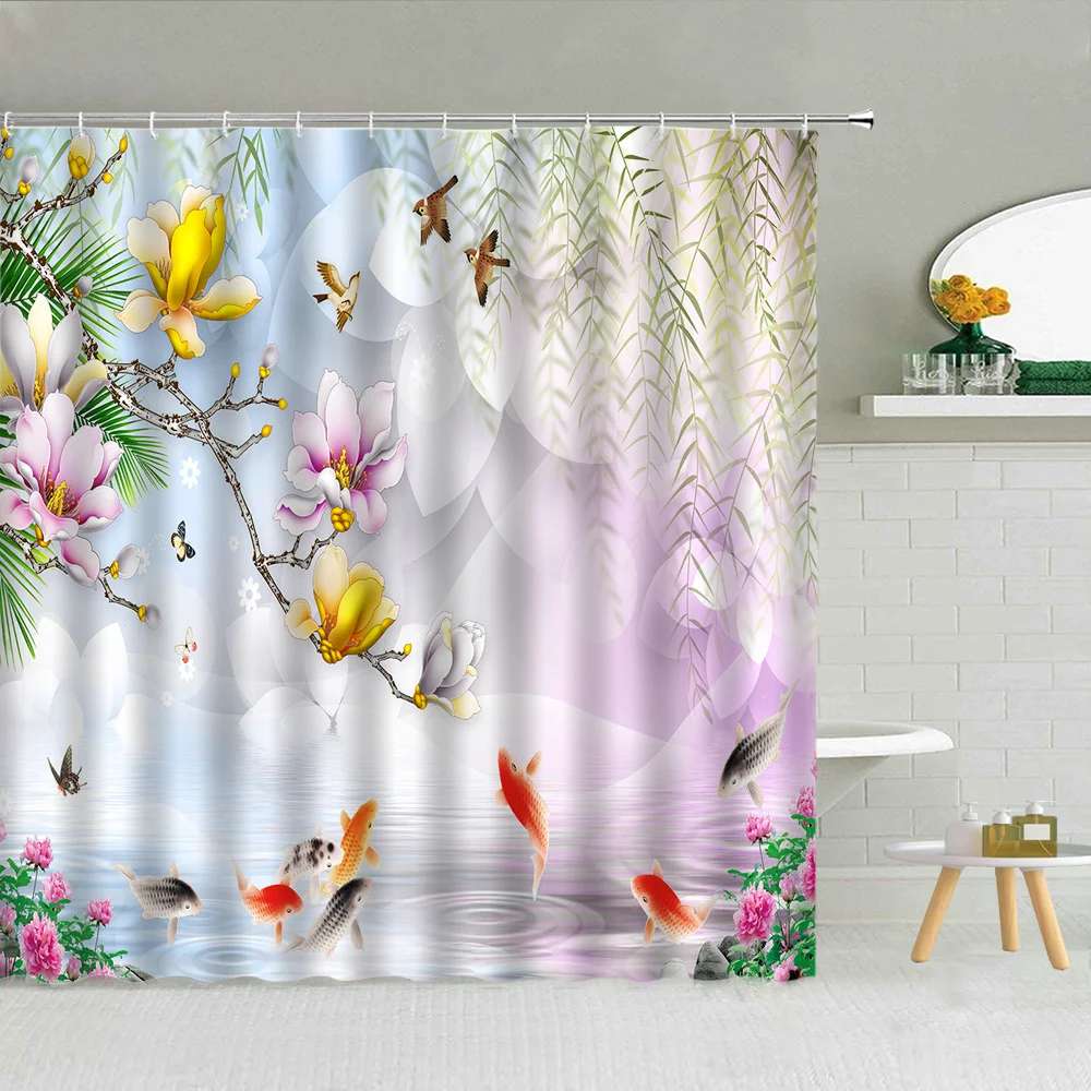 

Flower Bird Koi Shower Curtain Floral Peony Green Leaf Vines Spring Scenery Bathroom Decor Waterproof Fabric Hooks Curtains Set