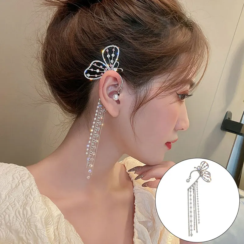 

Elegant Luxury Butterfly Tassel Ear Hook Pearl Earrings Butterfly Ear Studs Jewelry Earrings Temperament Trendy Exquisite Light