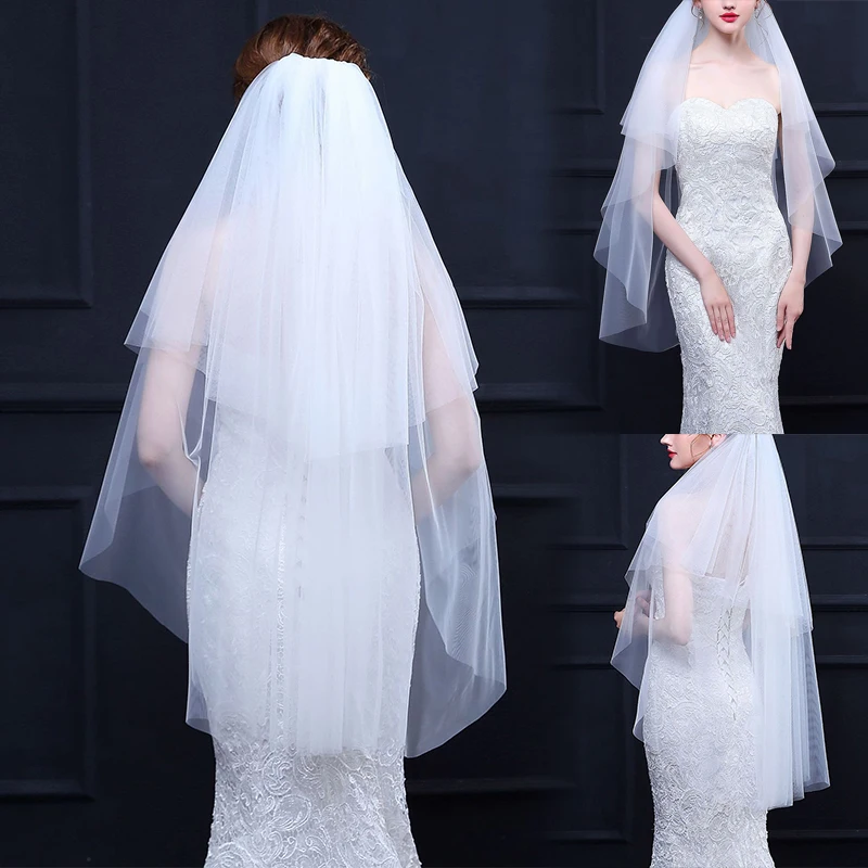 Двухслойная свадебная фата белого цвета и слоновой кости простая двухслойная