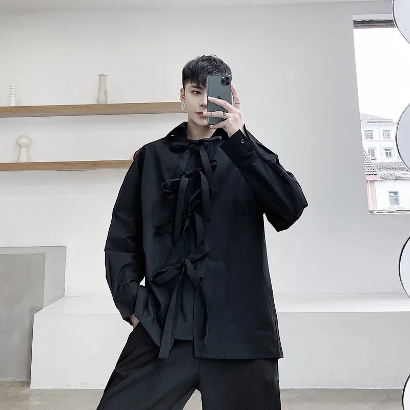 

Men Lace-up Long Sleeve Casual Shirt Male Japan Korea Style Streetwear Fashion Loose Black White Shirt
