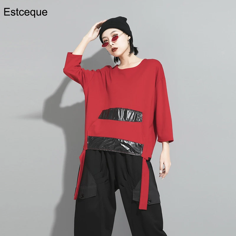 Новая женская одежда футболка с круглым вырезом лоскутные черные топы для женщин