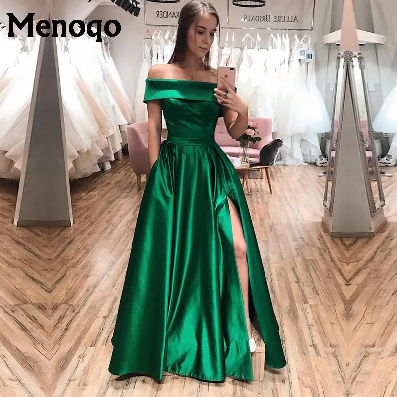 

Charming 2020 Evening Dresses Sexy Off the Shoulder Satin Slit Elegant Long Prom Party Gown Vestido de Festa
