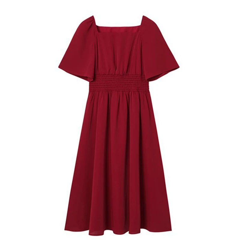 

Spring Summer Vintage Elegant Dress Woman Fashion Loose Square Collar Slim A-Line Lady Dresses for Women 2021 Casual Clothes Top